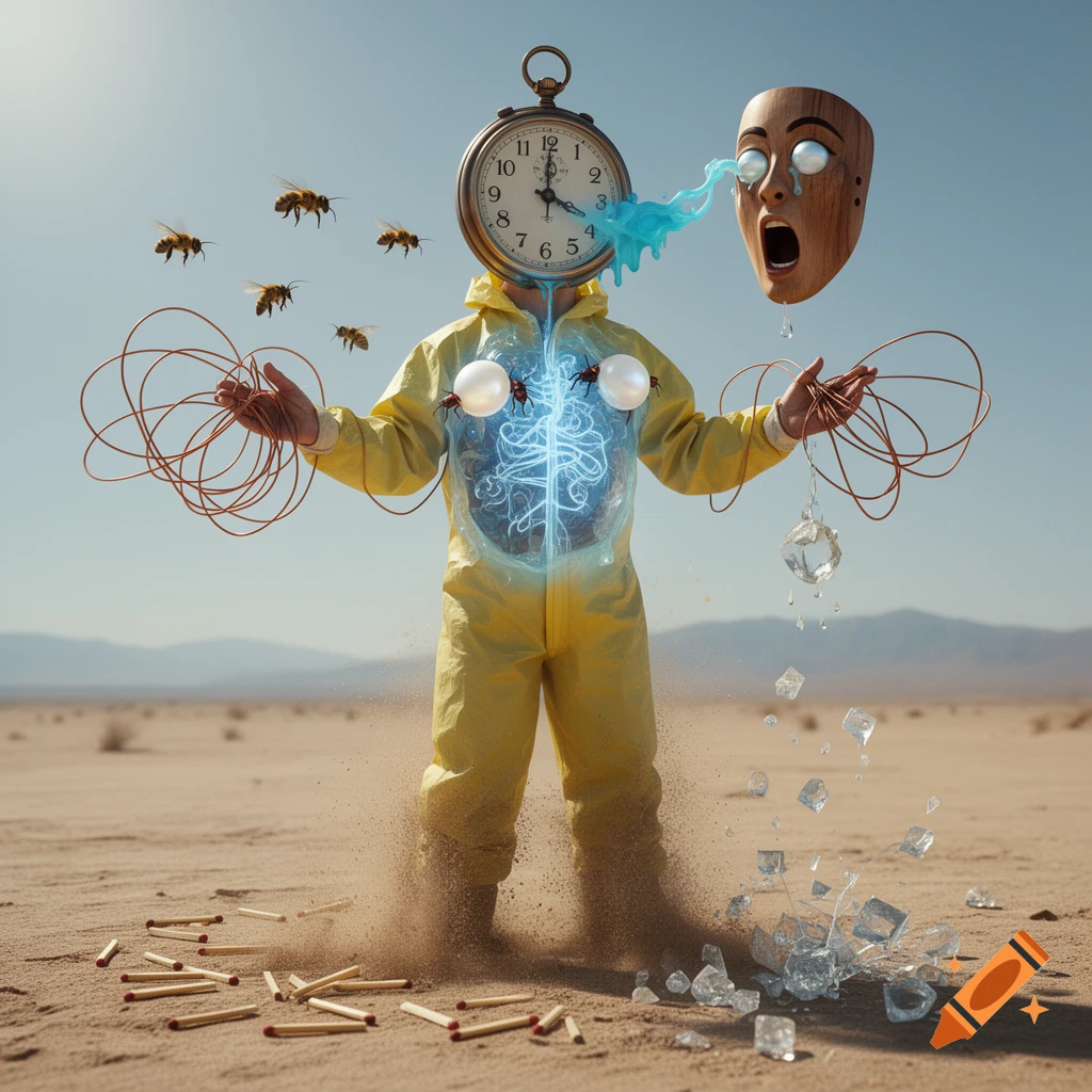 Photorealistic image of a surreal figure in a yellow hazmat suit, pocket watch head, glowing chest, wire hands, bees, floating wooden mask, falling glass cubes, and matches in a desert.