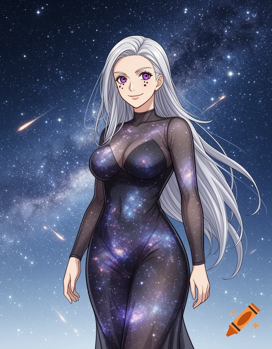An anime woman with long silver hair and purple eyes, wearing a sheer, galaxy-patterned dress, stands against a starry night sky.