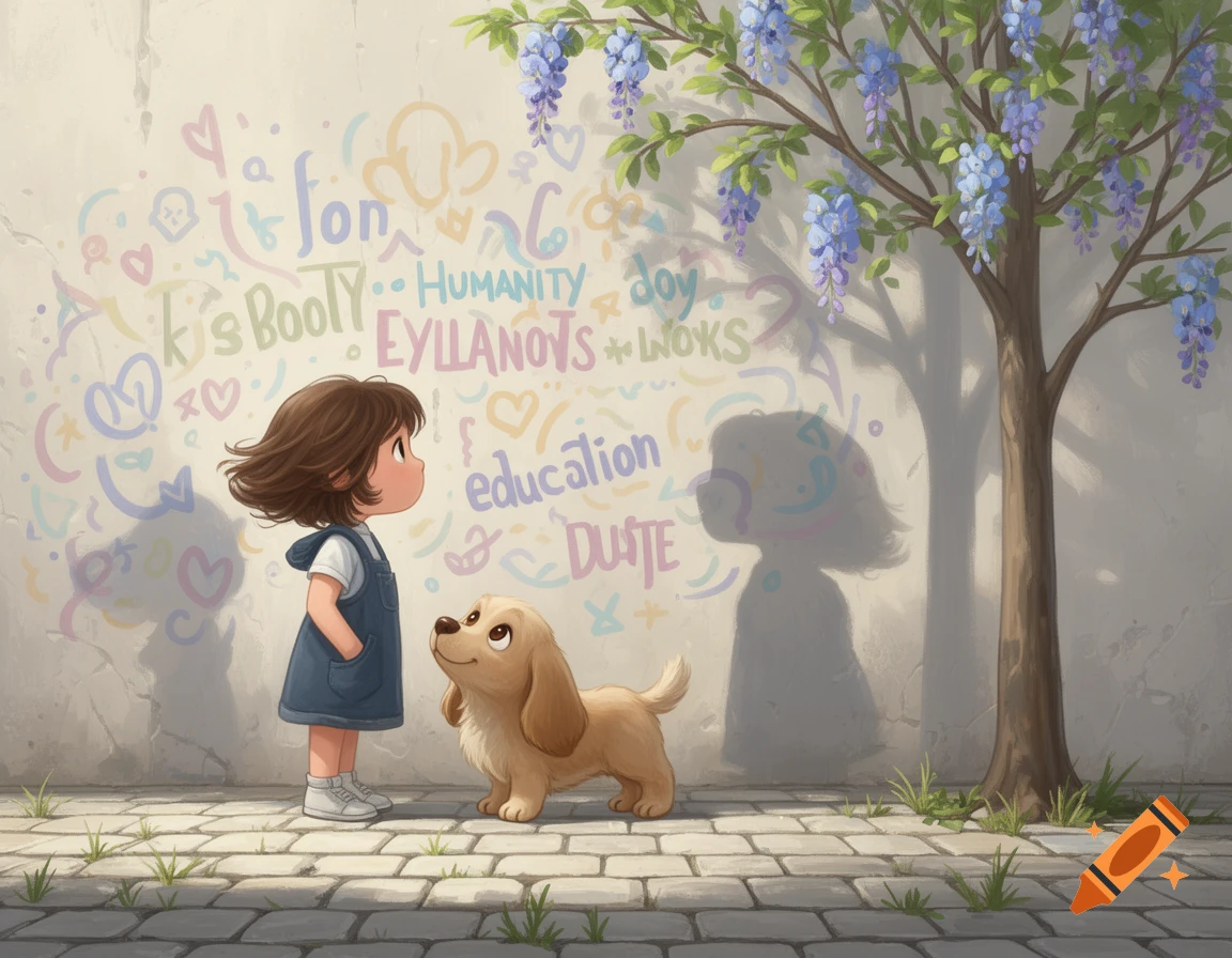 Whimsical cartoon of a little girl and a puppy gazing at a wall covered in colorful doodles, with a flowering tree.