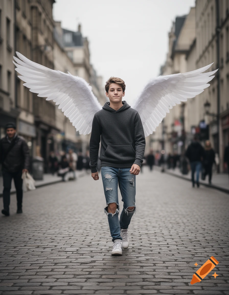 A young person with large white angel wings walks confidently down a cobblestone city street.