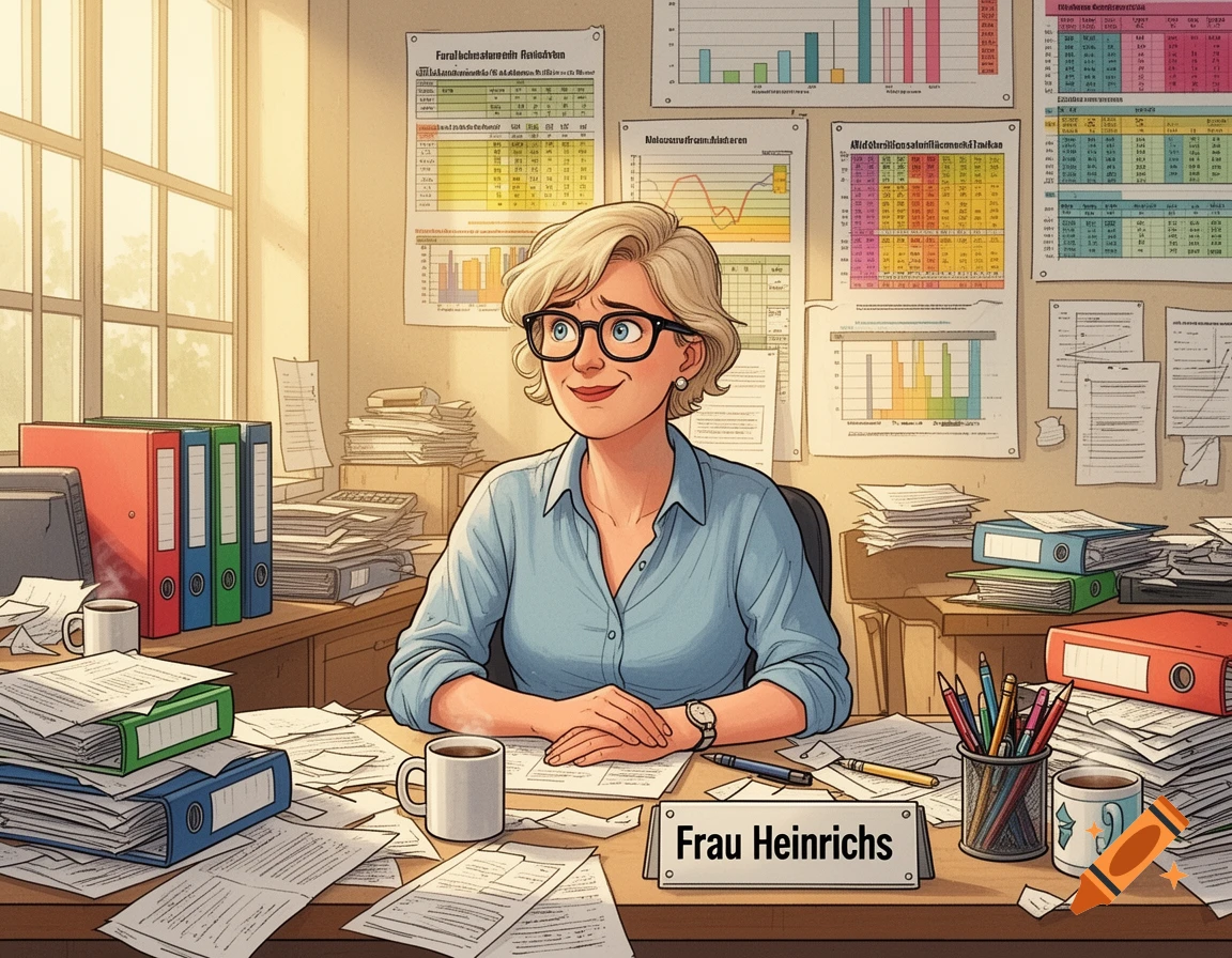 An illustration of a smiling woman with short blonde hair and glasses sitting at a chaotic office desk overflowing with papers, binders, and charts.