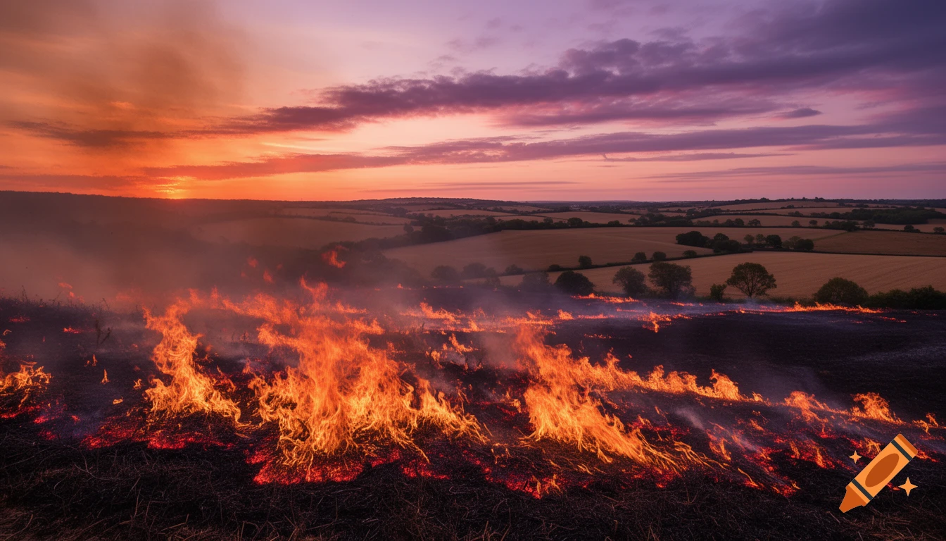 Photorealistic image of a field on fire at sunset with orange and purple sky over rolling countryside.