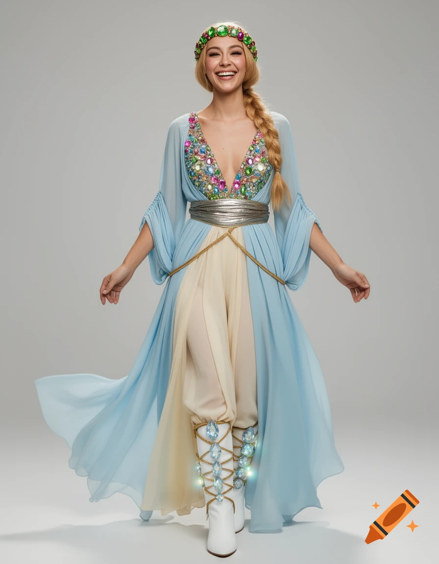 Smiling woman in an elaborate blue and cream dress with sequined V-neck, jeweled headband, braided hair, and white bejeweled boots.