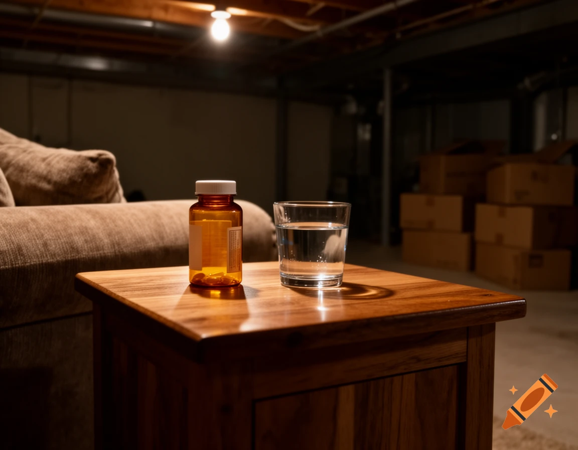 A close-up of a brown end table with an orange pill bottle and a glass of water in a dimly lit basement.