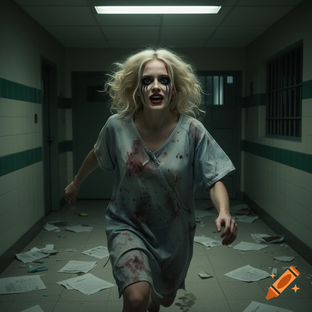A traumatized woman resembling Harley Quinn in a blood-stained hospital gown runs down a dimly lit asylum hallway strewn with papers.
