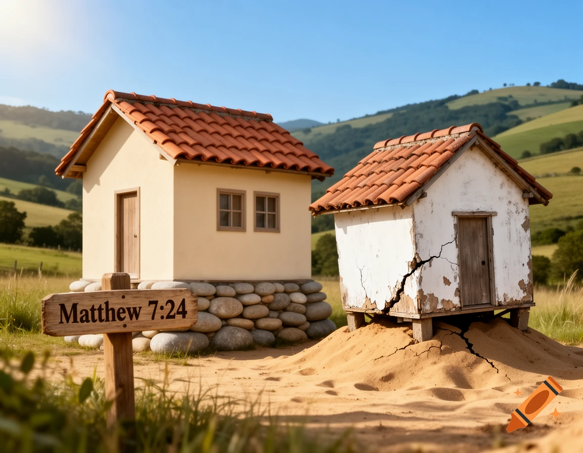 Two small houses in a rural landscape, one stable on rocks, one crumbling on sand, with a sign reading 'Matthew 7:24'.