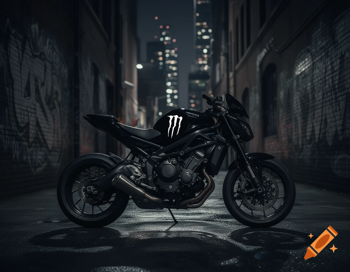 Black motorcycle with Monster Energy logo parked in a dark, wet city alley at night with blurred city lights in background. Photorealistic.