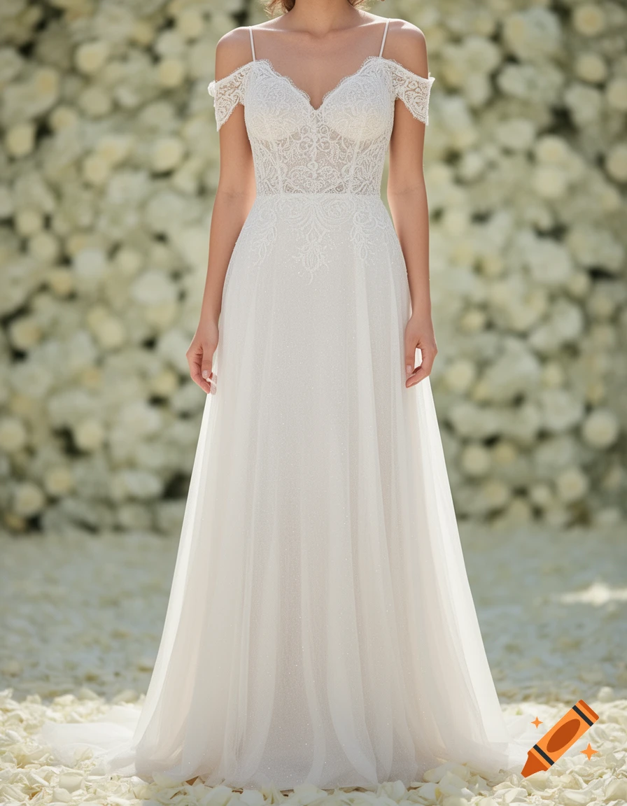 A woman models a white wedding gown with a lace bodice, off-the-shoulder sleeves, spaghetti straps, and a long, flowing, sparkly skirt, standing on white rose petals against a floral wall.