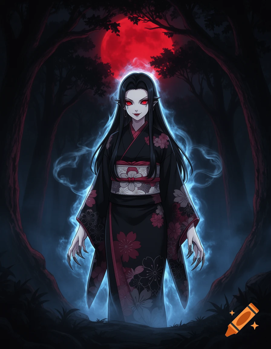 Anime-style female demon with red eyes, sharp claws, and a blue aura in a dark forest under a blood-red moon.
