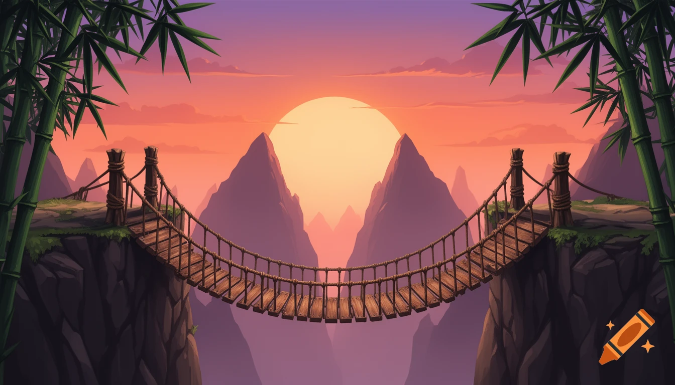 A vibrant 2D game art landscape with a wooden rope bridge spanning a canyon, framed by bamboo, under a huge setting sun between mountains.