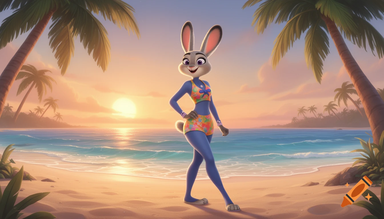 Judy Hopps in a floral bikini poses on a sandy beach with palm trees at sunset, with a vibrant sky.