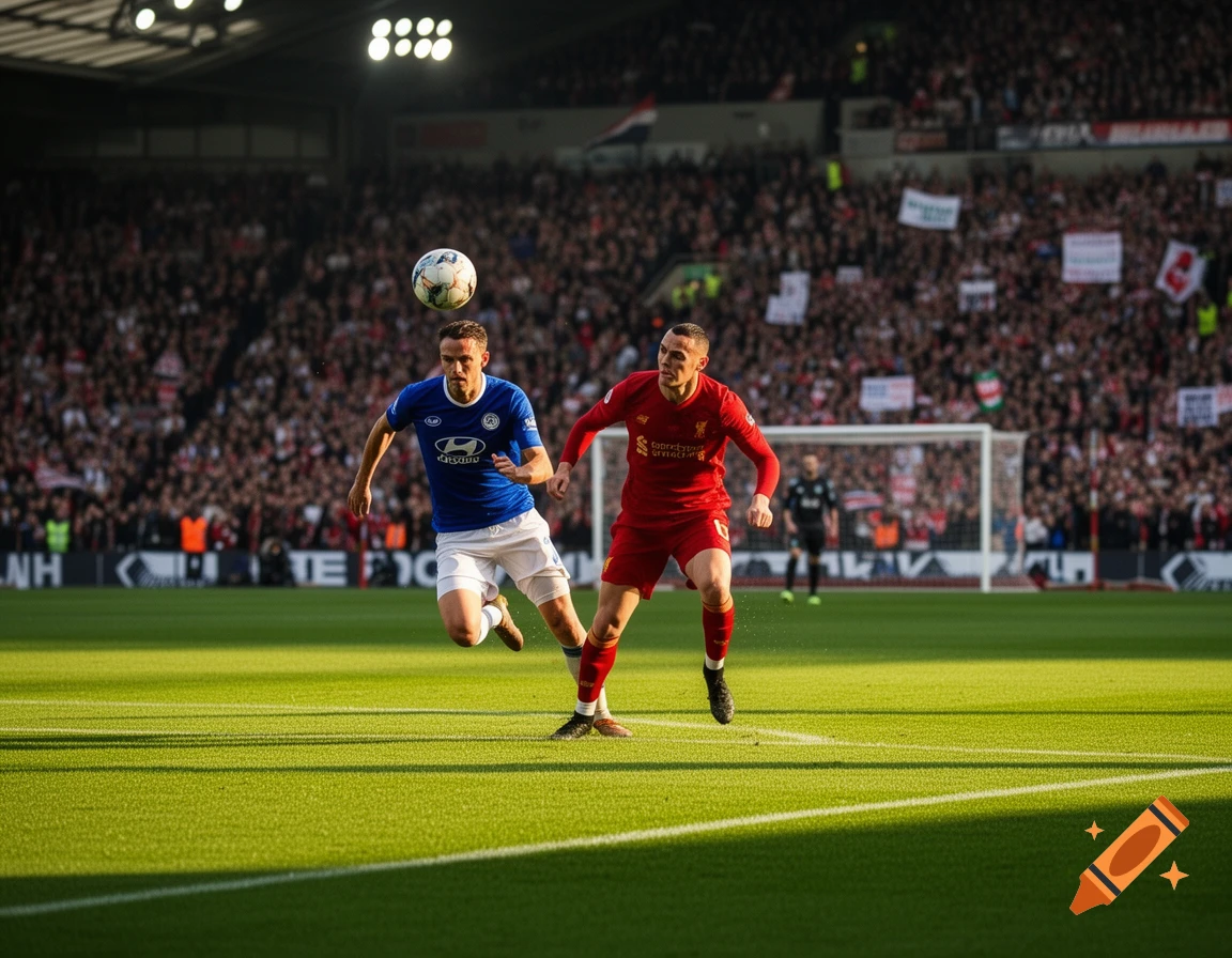 Two football players, one in blue and one in red, compete for the ball during a match on a sunny green field in a crowded stadium.