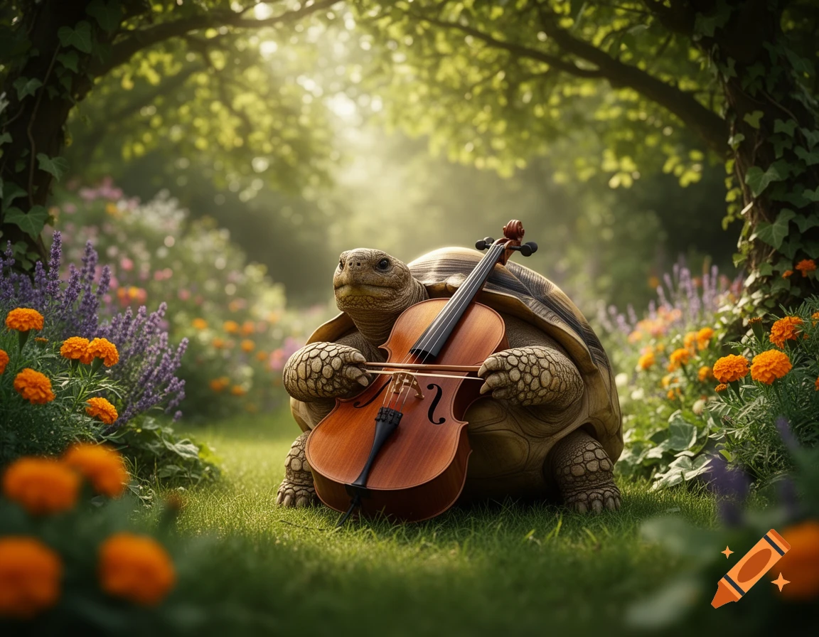 A smiling tortoise plays a cello in a lush, sunlit garden filled with colorful flowers.