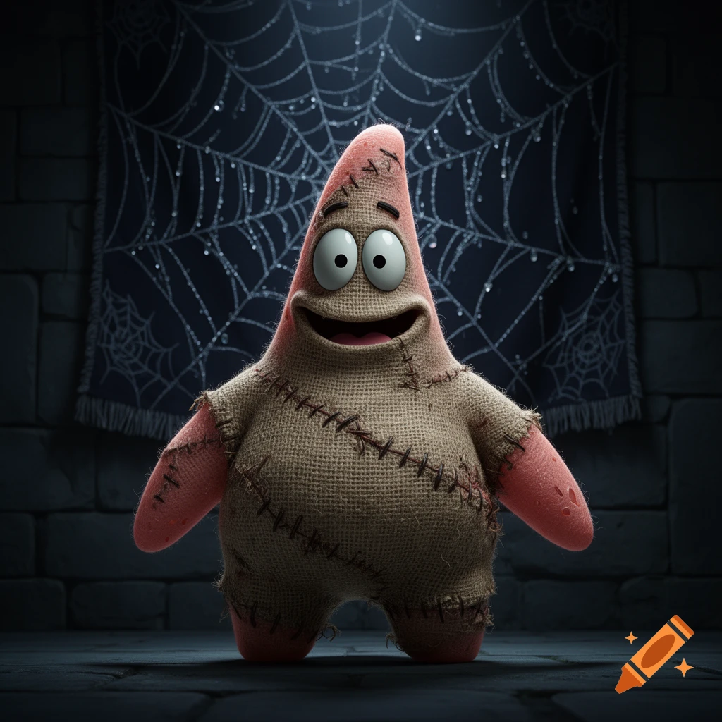 Patrick Star dressed as Oogie Boogie, made of burlap with stitches, standing in a dark, spooky room with spiderwebs.
