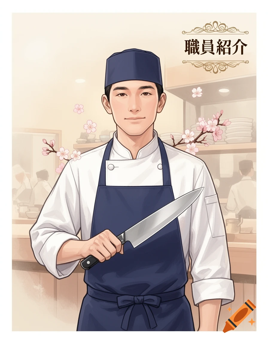 A young male chef in a blue hat and apron holds a knife, standing in a kitchen with cherry blossoms and Japanese text in an anime style.