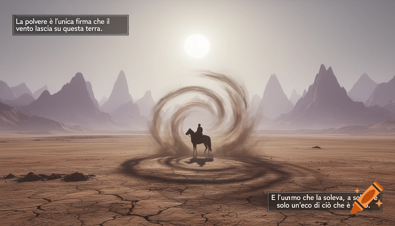 A lone rider on horseback in a vast desert with towering mountains. A swirling dust vortex encircles the horse under a bright sun.