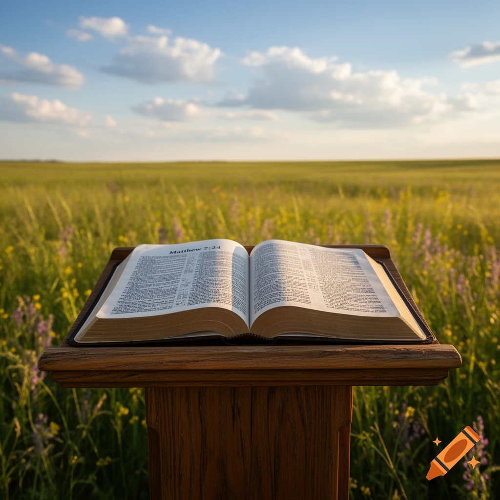 An open Bible on a wooden lectern in a sunlit grassy field with wildflowers under a blue sky.