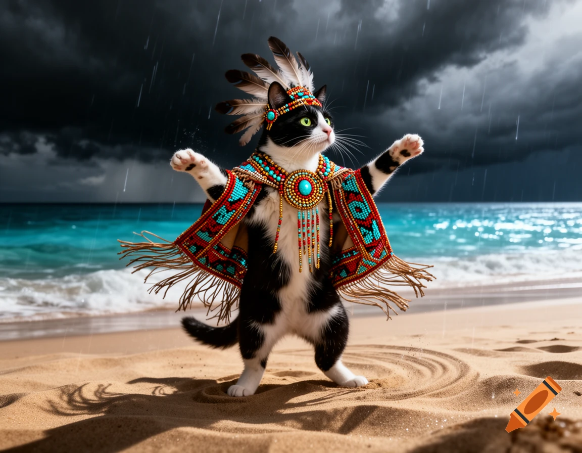 A photorealistic tuxedo cat wearing a feathered headdress and beaded poncho stands on a sandy beach, raising its paws under a stormy sky with falling rain.
