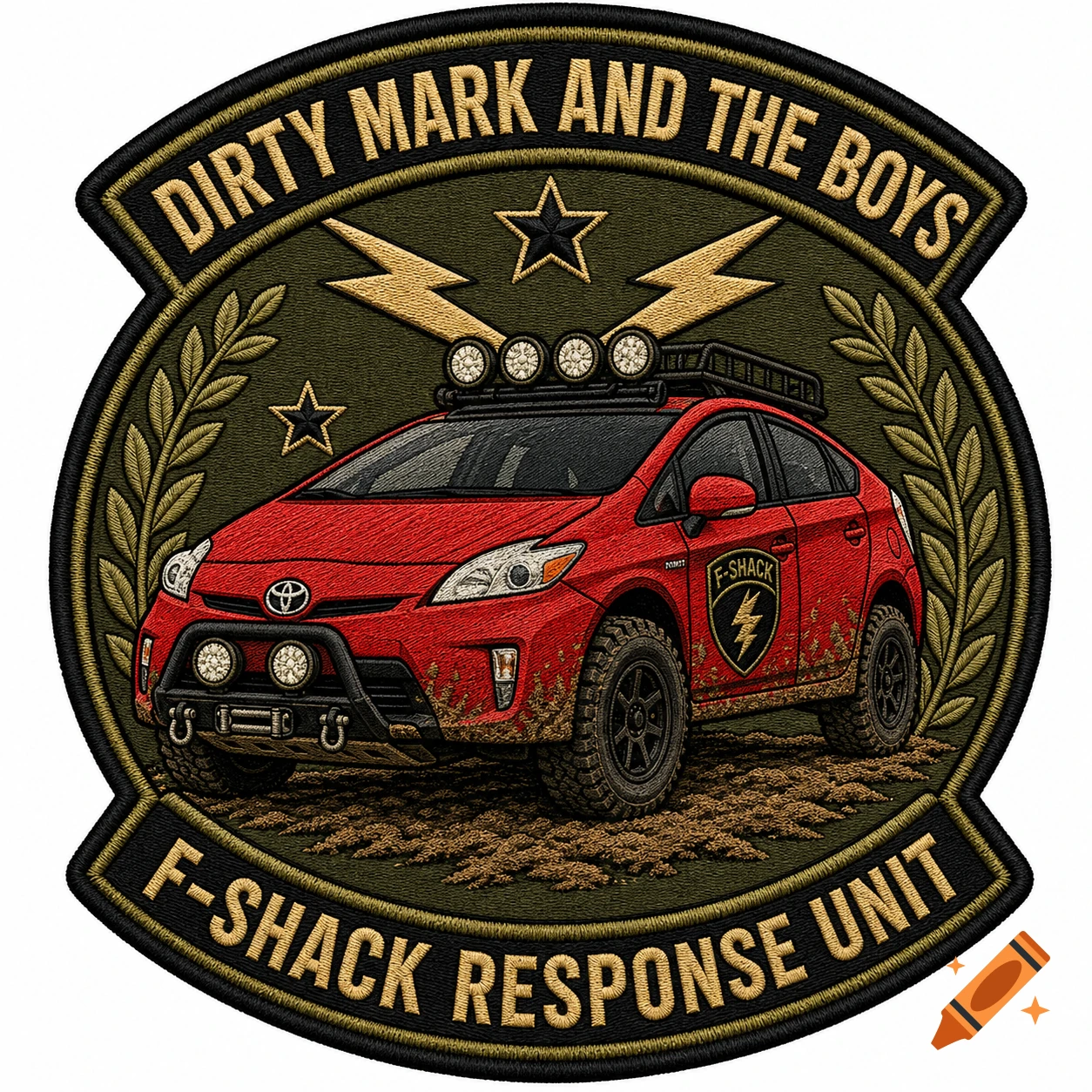 An embroidered military-style patch featuring a rugged, red off-road Toyota Prius, with text reading "DIRTY MARK AND THE BOYS" and "F-SHACK RESPONSE UNIT".