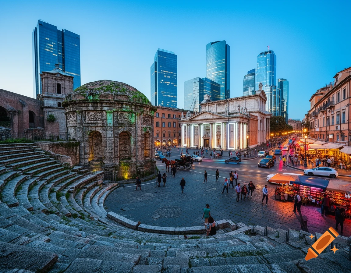 A busy urban cityscape at dusk, featuring ancient stone ruins and a classical building illuminated by lights, juxtaposed with modern skyscrapers.
