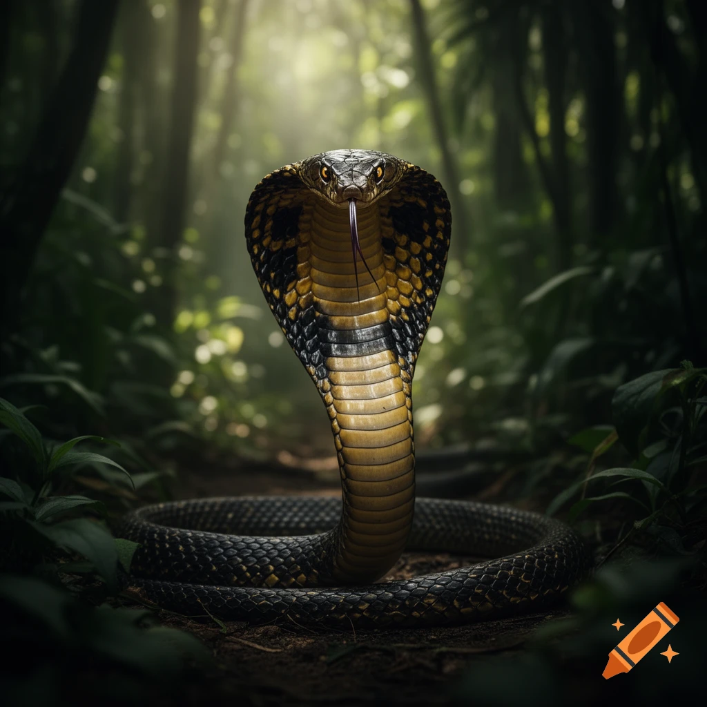 A photorealistic king cobra rears up with its hood spread and tongue flicking in a dark, misty jungle.