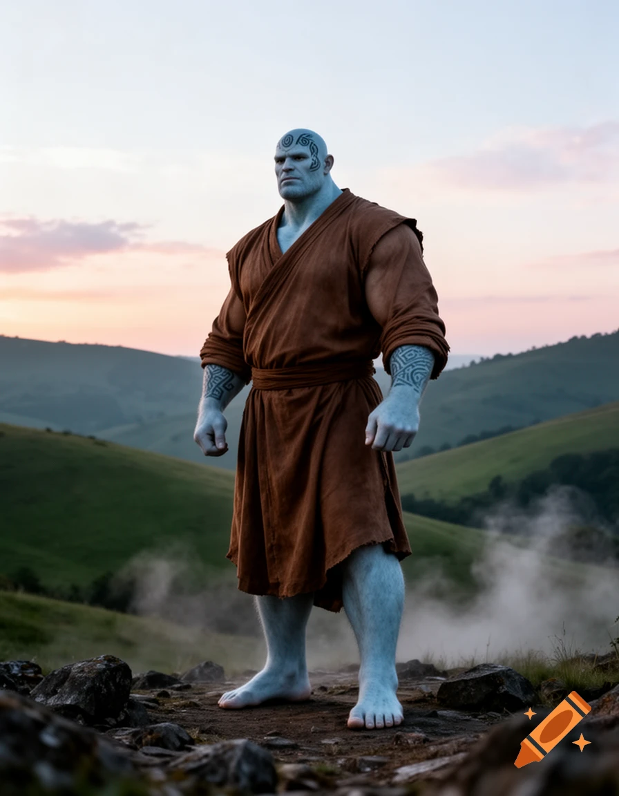 A large, muscular blue-skinned man in brown monk robes with tribal tattoos stands on a rocky hill against a mountain sunset.