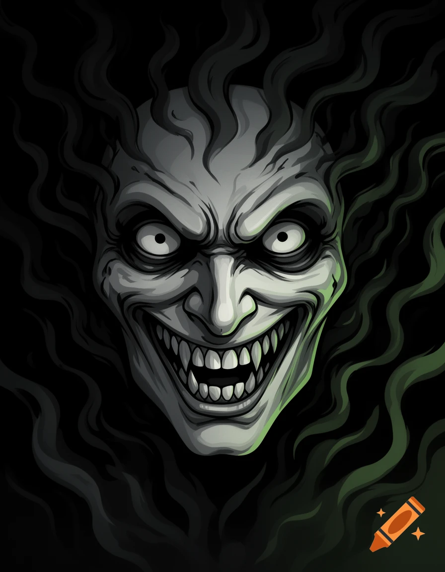 A close-up 2D illustration of a pale, monstrous face with a wide, toothy grin and dark, wavy hair on a dark background.