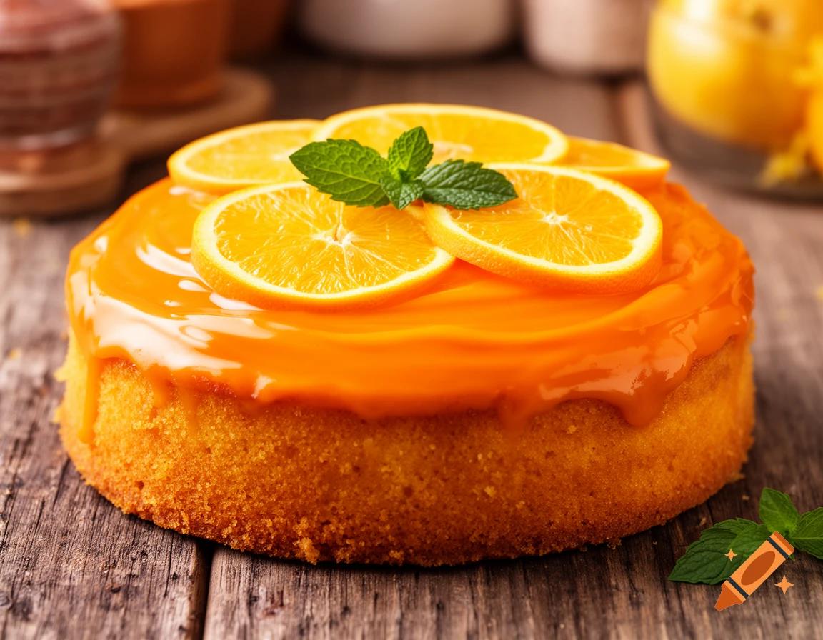 A photorealistic orange cake with orange frosting, topped with fresh orange slices and mint leaves, on a rustic wooden table.