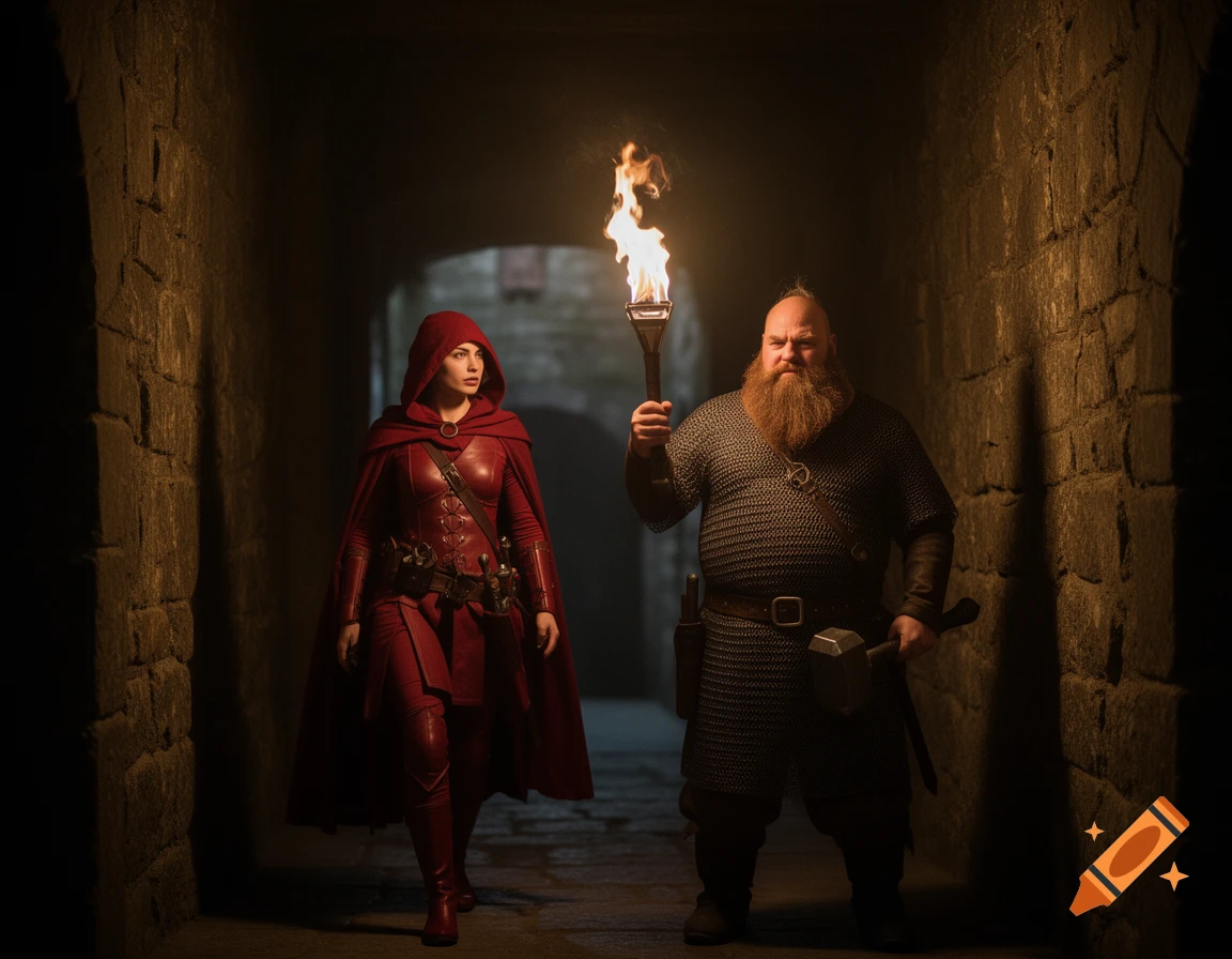 A female assassin in a red hooded cloak and a bearded dwarven fighter with a torch stand in a dark stone corridor.