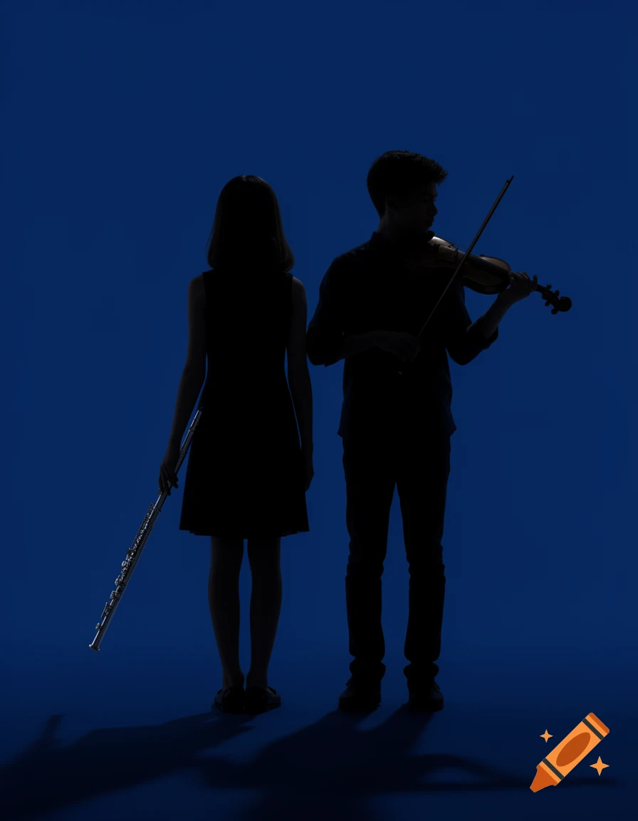 Silhouettes of a girl holding a flute and a boy playing a violin against a dark blue background.