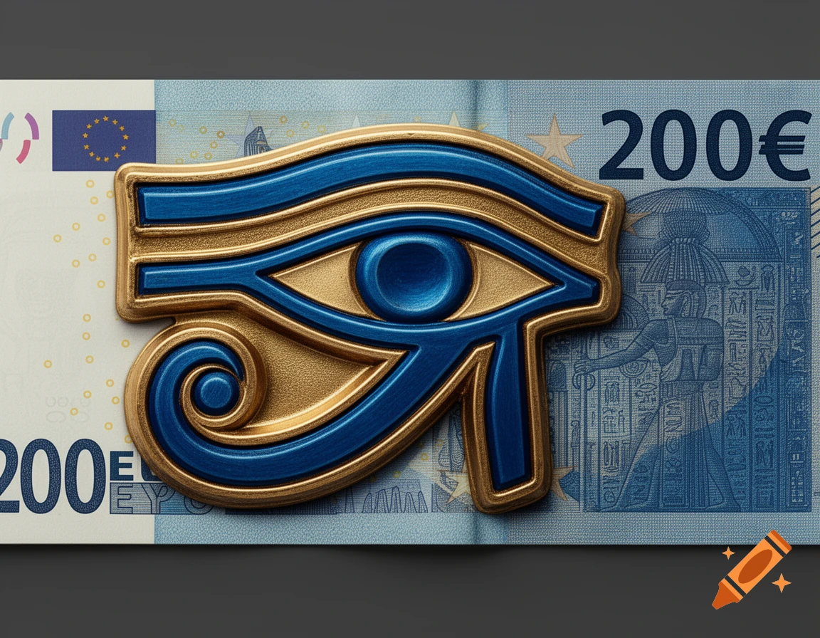 A stylized blue and gold Eye of Horus symbol resting on a 200 Euro banknote. The banknote features faint details of ancient Egyptian figures and hieroglyphs.