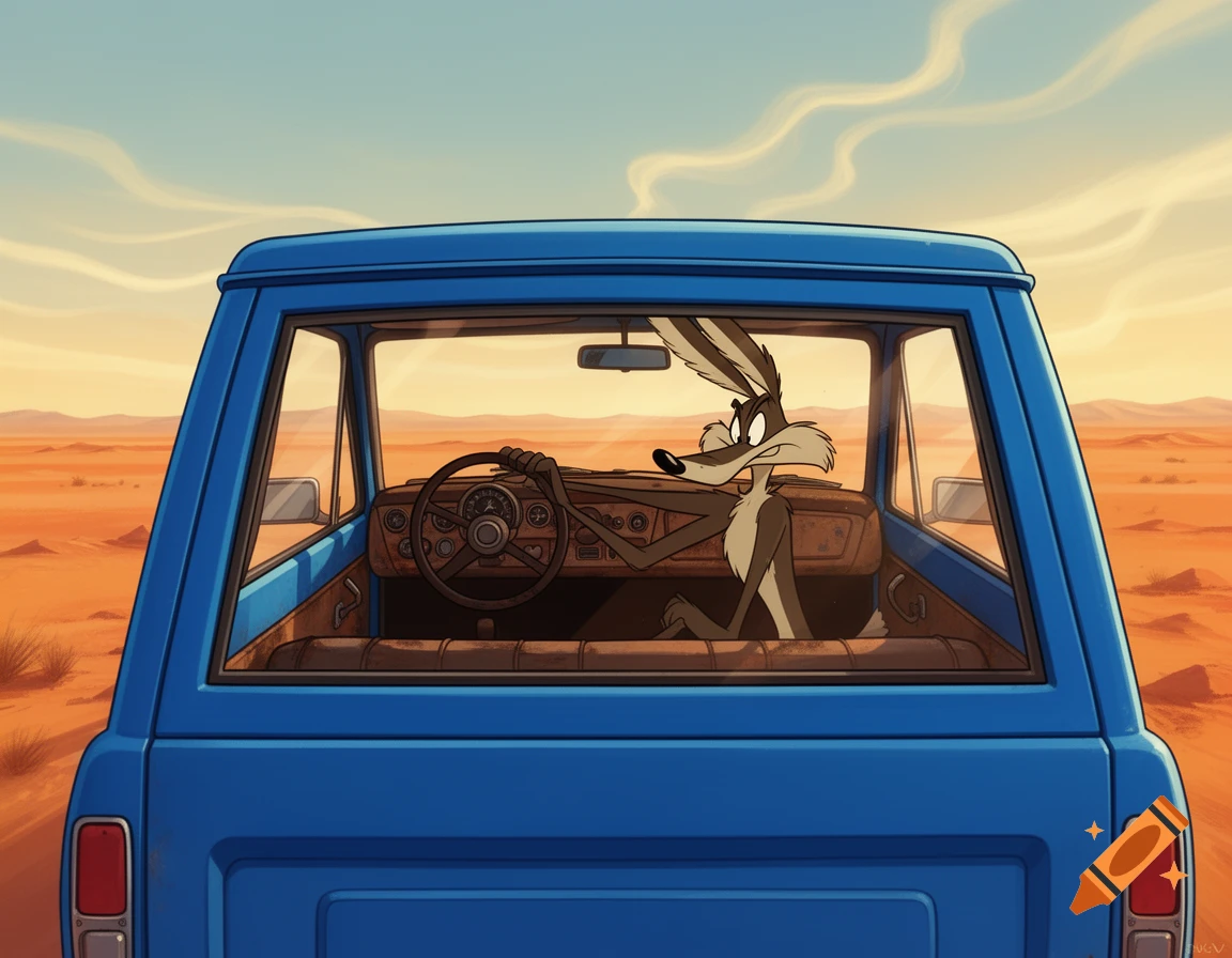 Cartoon Wile E. Coyote driving a blue truck through a desert landscape, viewed from behind.