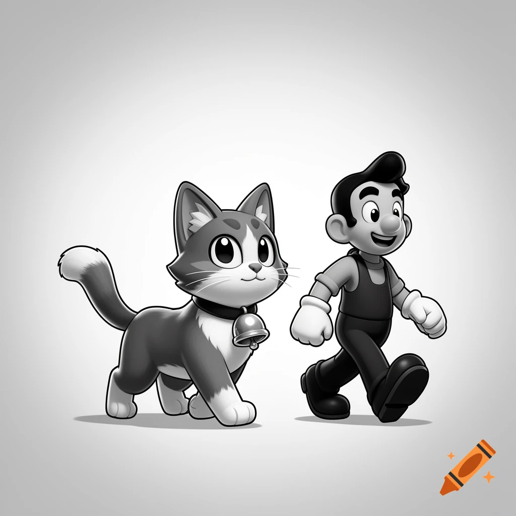 A black and white cartoon cat with a bell collar walks beside a cartoon man in overalls and gloves.