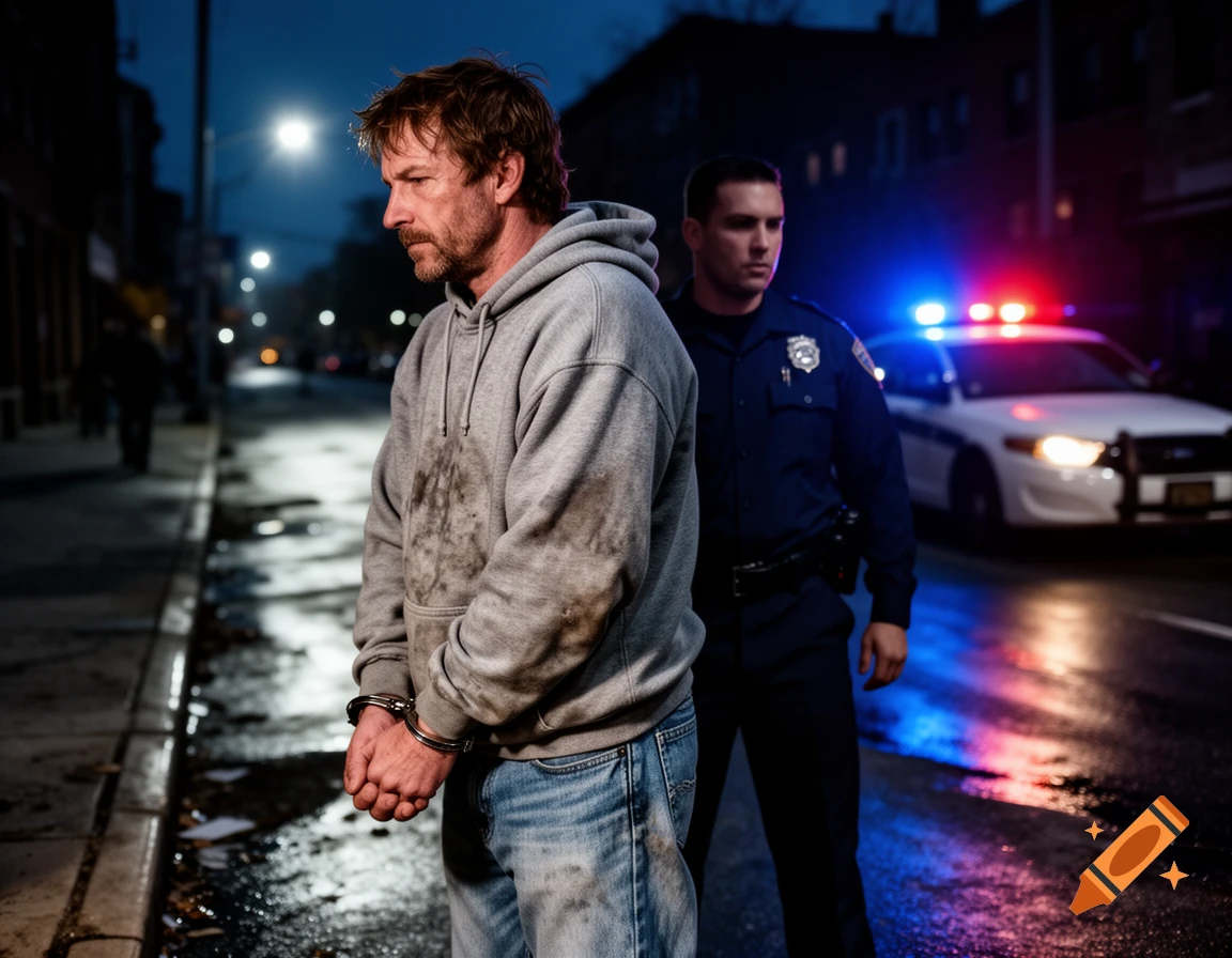 A man in handcuffs, wearing a dirty hoodie, stands on a wet street at night with a police officer and patrol car in the background.