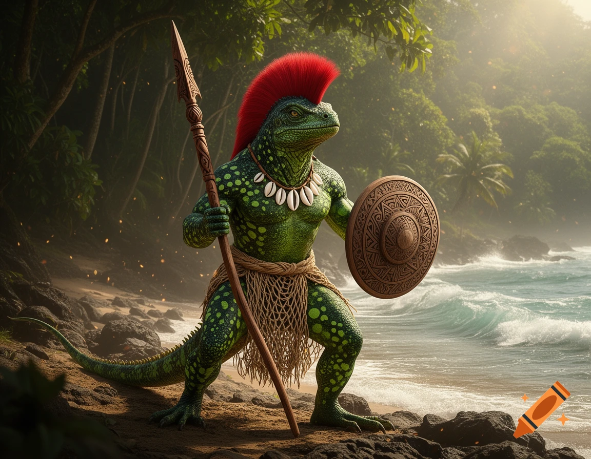 A green Polynesian lizardman with a red mohawk holds a spear and shield on a tropical beach.