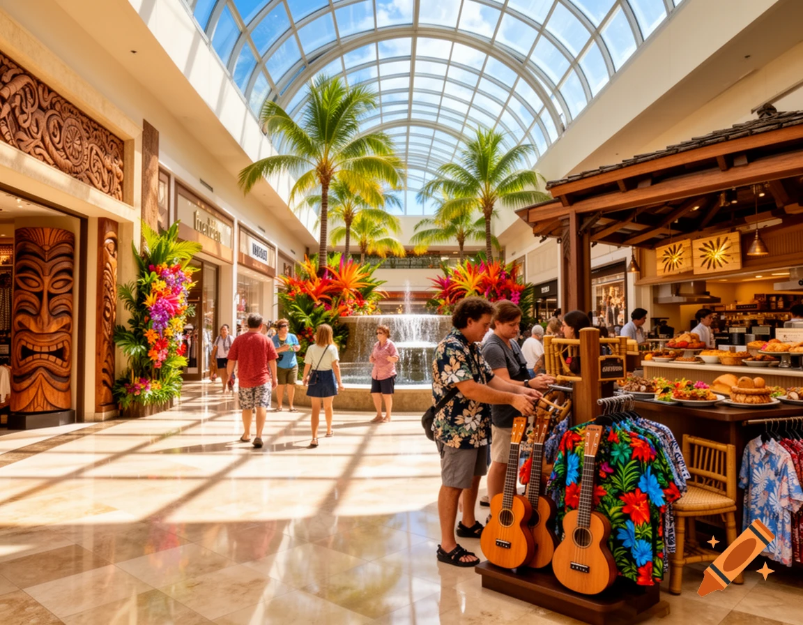 A bright Hawaiian shopping mall with a glass roof, indoor palm trees, a fountain, shops, and people browsing, with ukuleles for sale.