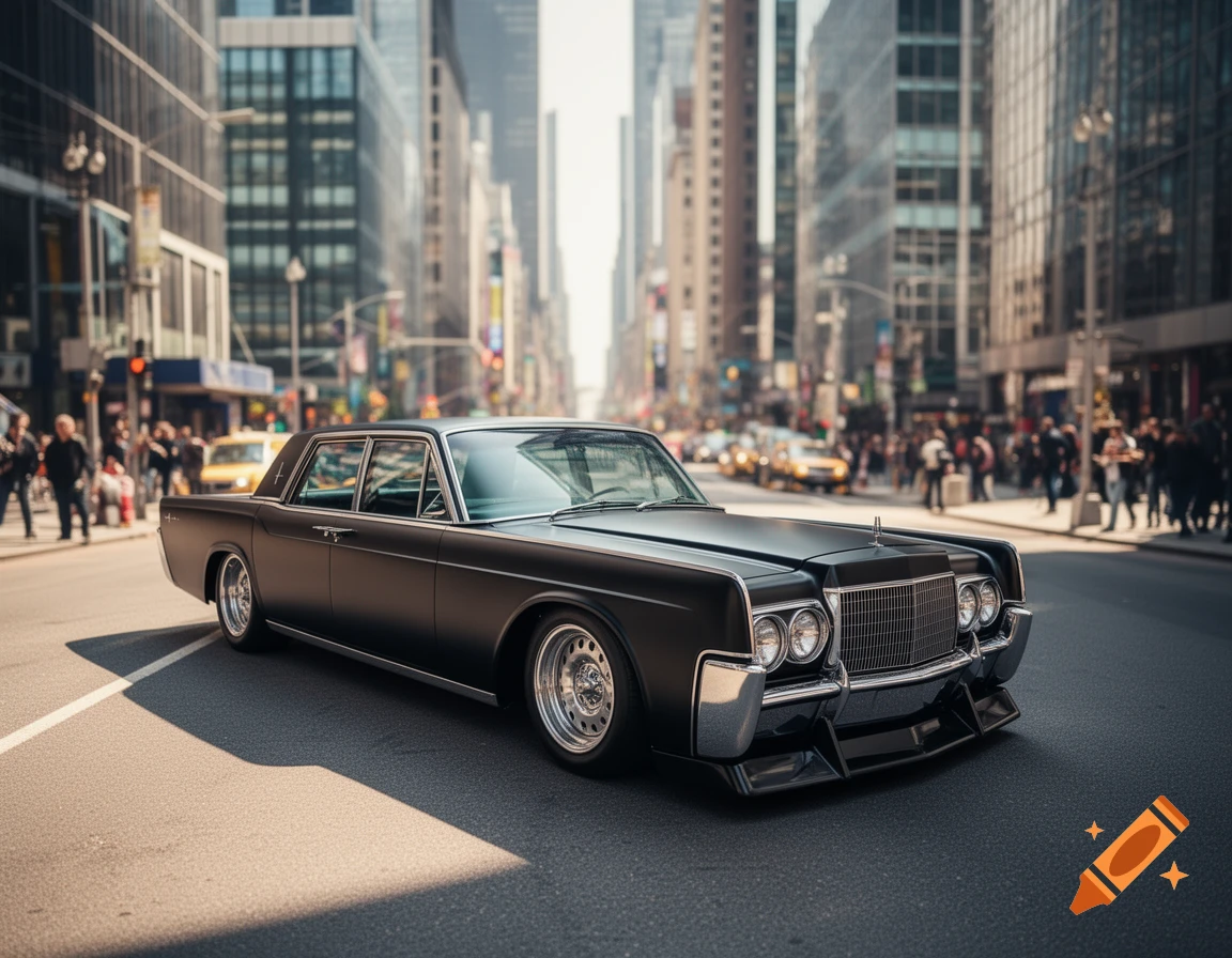 A lowered matte black 1965 Lincoln Continental with a modified front spoiler on a city street with tall buildings.