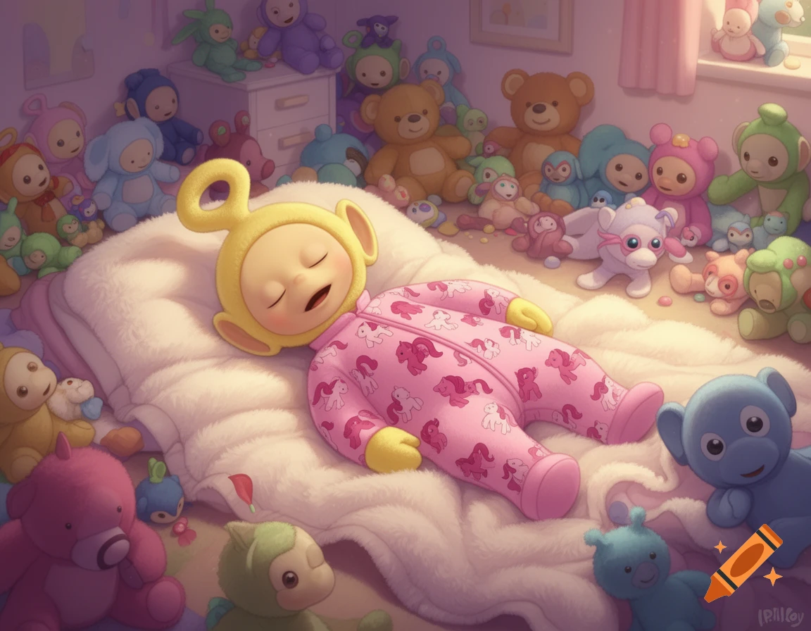 Laa-Laa from Teletubbies sleeps on a fluffy blanket in Pinkie Pie pajamas, surrounded by many colorful plush toys in a cozy room.