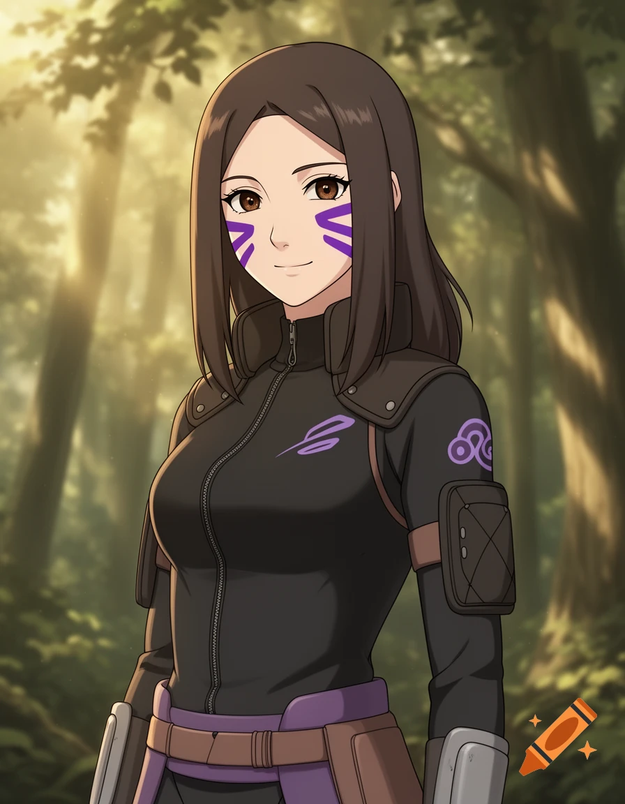 A brown-haired anime woman with purple face paint and a black shinobi outfit stands in a sunlit forest.