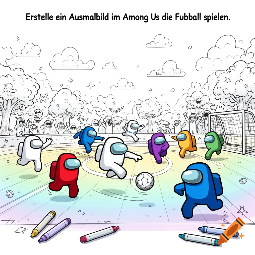 A cartoon coloring page featuring several Among Us characters playing football on a field with crayons in the foreground.