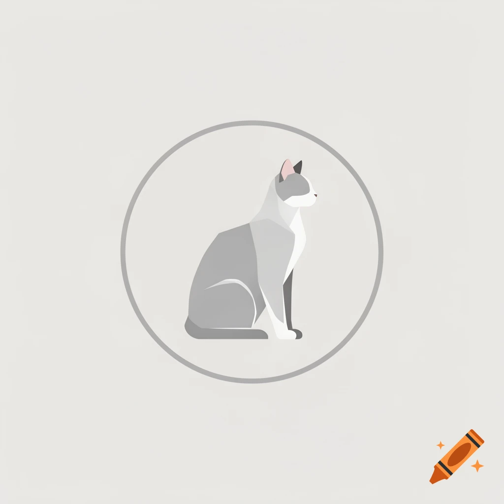A minimalist grey and white cat sits in profile inside a circular frame on a light background.