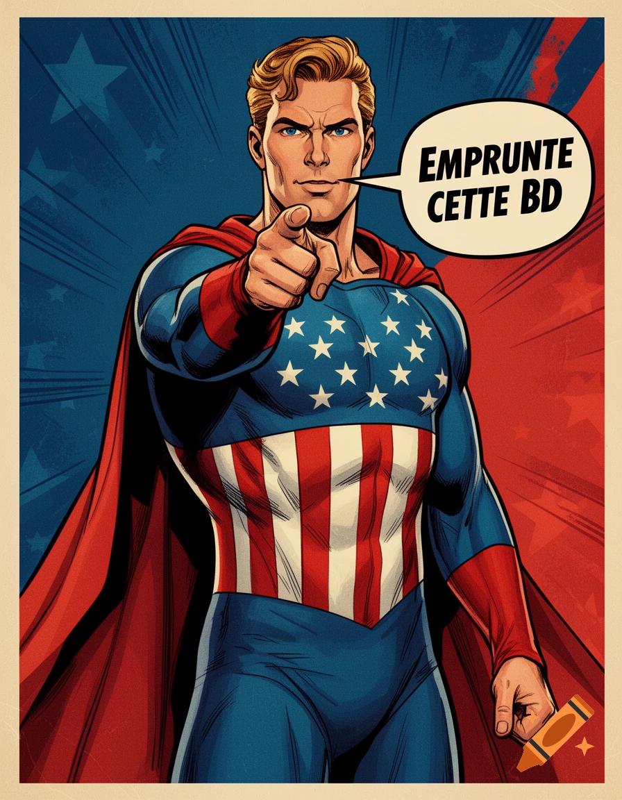 Muscular superhero in a patriotic red, white, and blue costume pointing forward, with a speech bubble saying 'EMPRUNTE CETTE BD' in a comic book propaganda poster style.