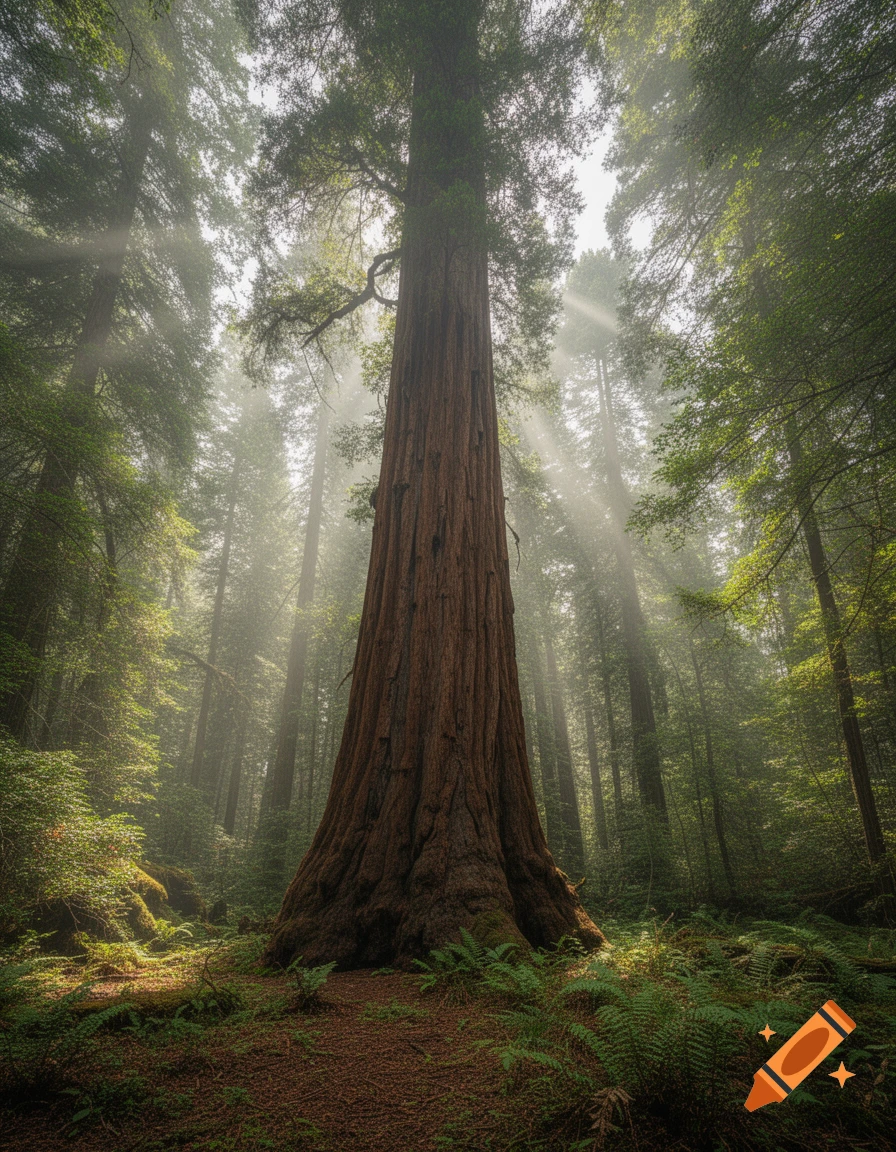 A majestic redwood tree stands tall in a misty forest with sunbeams filtering through the canopy, illuminating ferns on the ground.