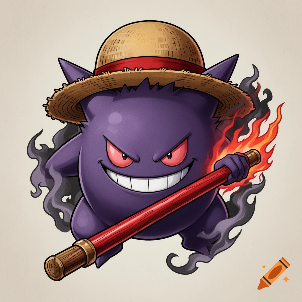 A purple Gengar from Pokemon, wearing a straw hat and holding a fiery red staff, in a cartoon tattoo style.