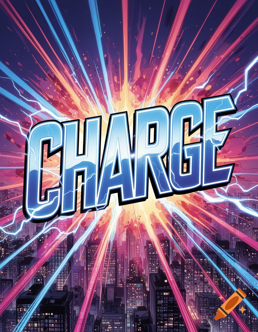 The word CHARGE in bold superhero font, overlaid on a comic book style cityscape with vibrant energy rays and lightning bolts.