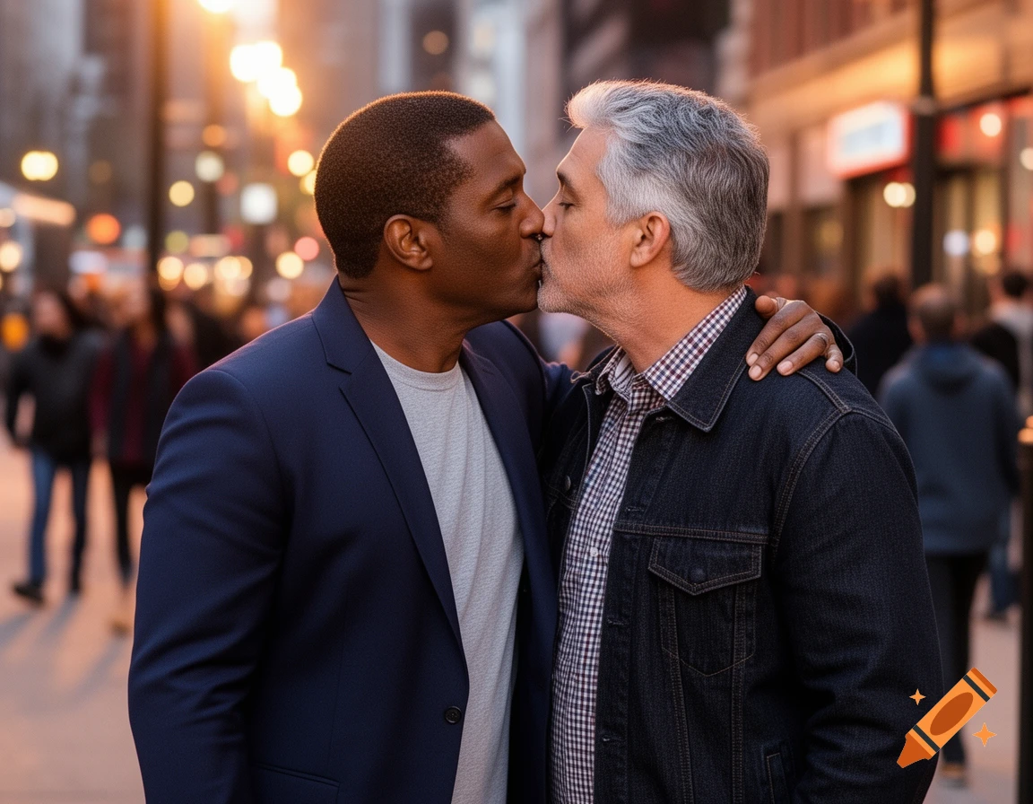 Two men, one Black and one white with gray hair, kiss on a bustling city street at sunset, illuminated by warm streetlights.