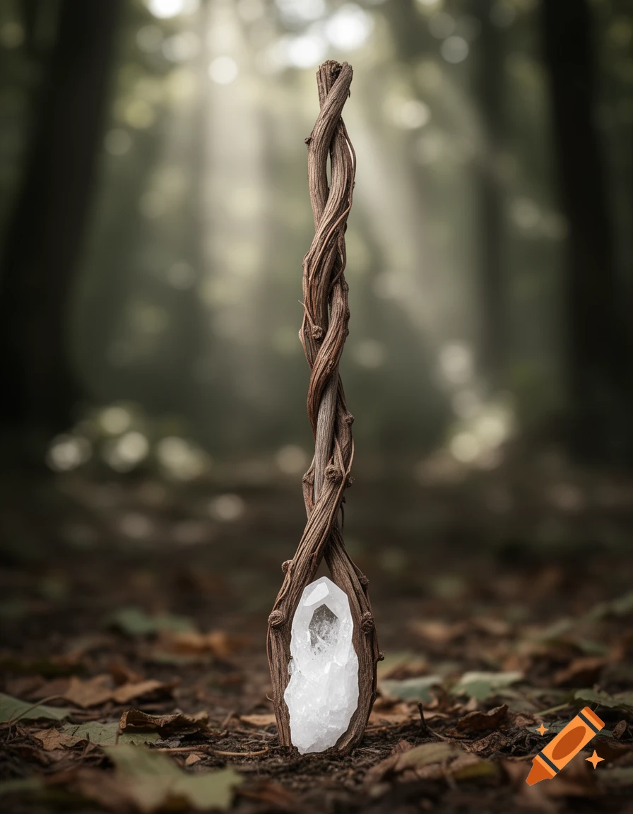 A rustic, twisted wooden staff with a glowing white crystal at its base stands in a sun-dappled forest.