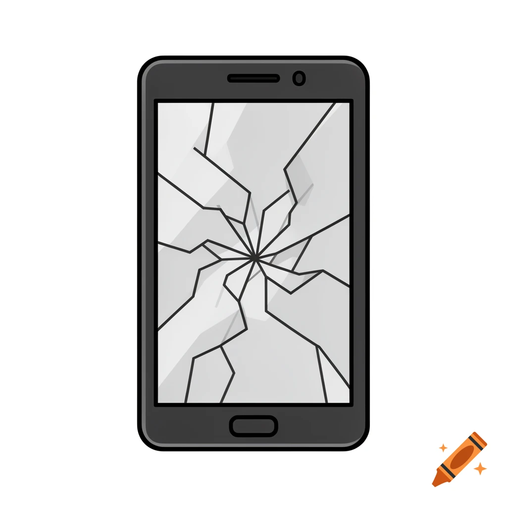 A flat cartoon icon of a black smartphone with a cracked screen, on a white background.