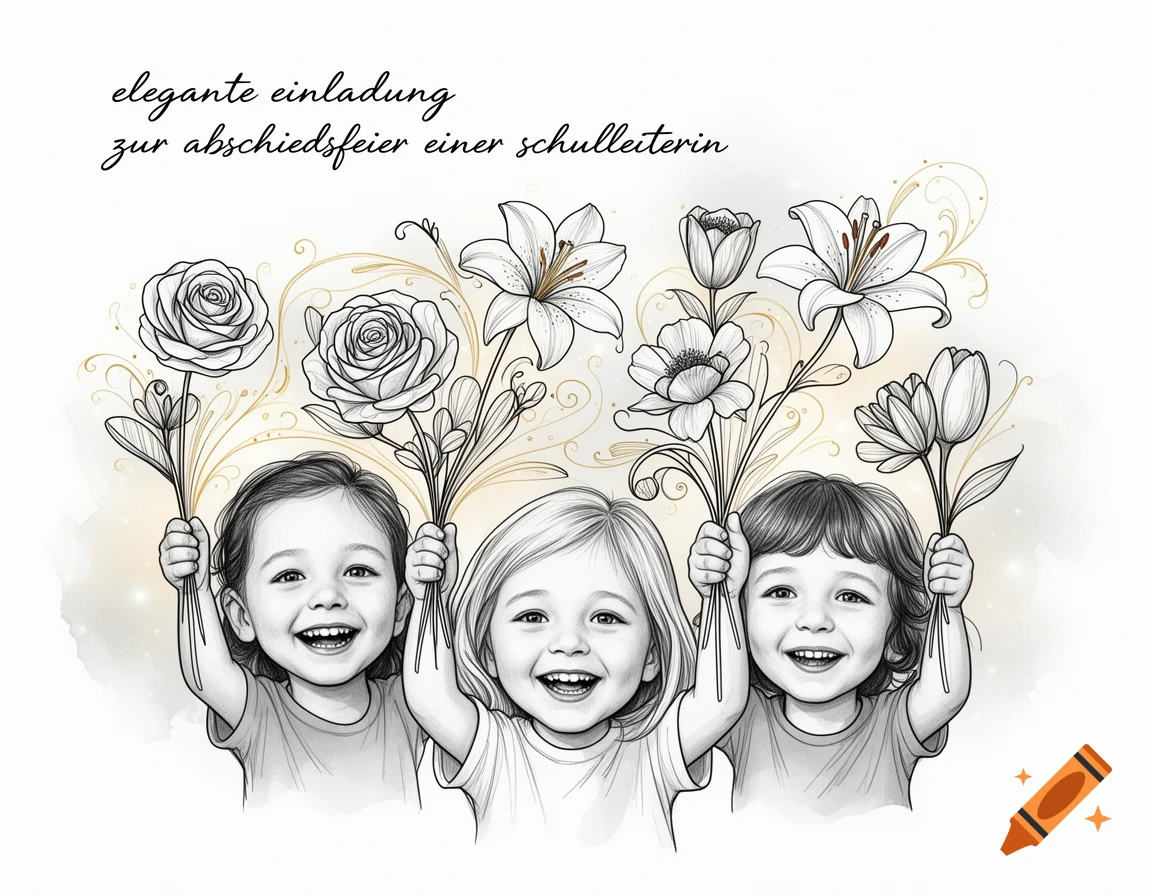 Sketch illustration of three smiling children holding flowers, with German text above.