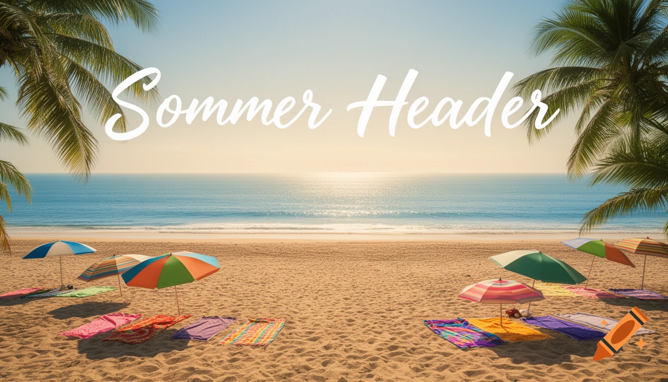 Photorealistic image of a sunny tropical beach with palm trees, umbrellas, and towels. 'Sommer Header' text is overlaid.